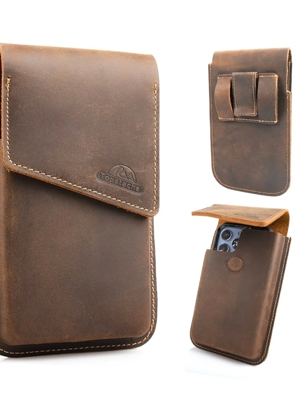 Topstache Leather Phone Holster with Belt Clip - L, Dark Brown